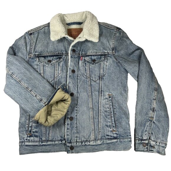 Levi’s Sherpa Lined Denim Trucker Jacket Mens Small Quilted Sleeves - Picture 1 of 12